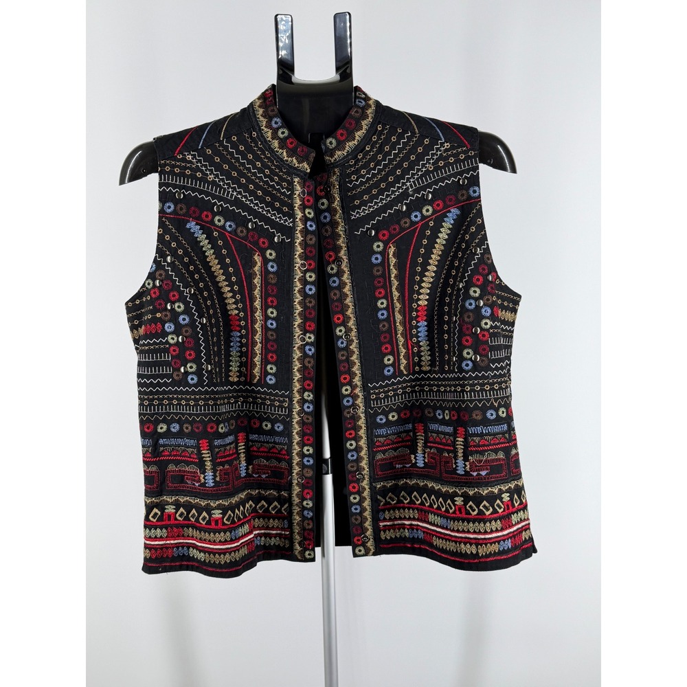 Chicos Embroidered Snap Front Vest Black Multi Color Boho Tribal Geometric Sz 1